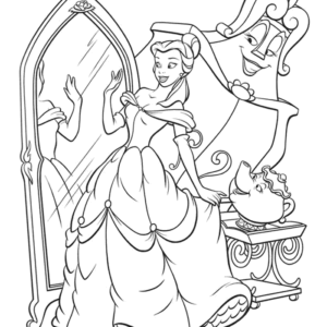 Beauty And The Beast - Belle talking with Mrs. Potts, Chip and Lumiere  coloring page