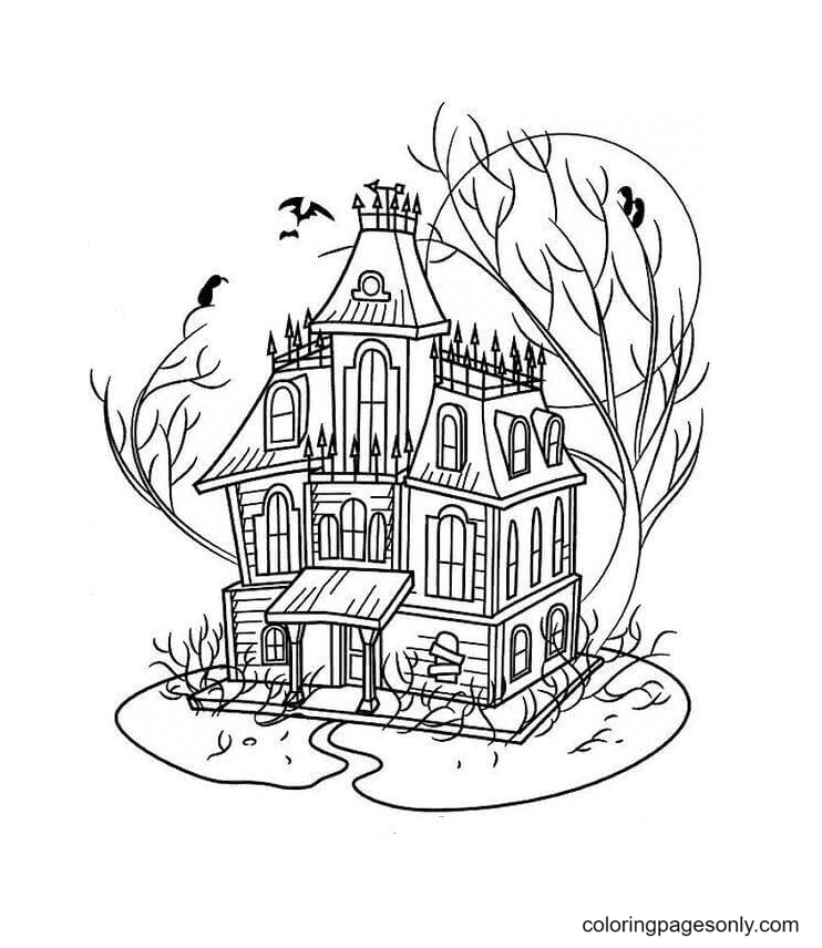 free halloween haunted house coloring pages